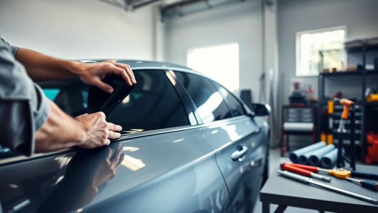 Get car tint near me applied professionally by an expert in a modern garage.