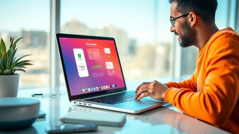 Download quickq下载 on a laptop, showcasing vibrant interface and user's excited expression.