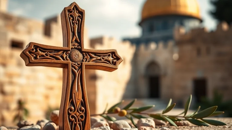Admire the intricately crafted Jerusalem crosses against a historical Jerusalem backdrop.