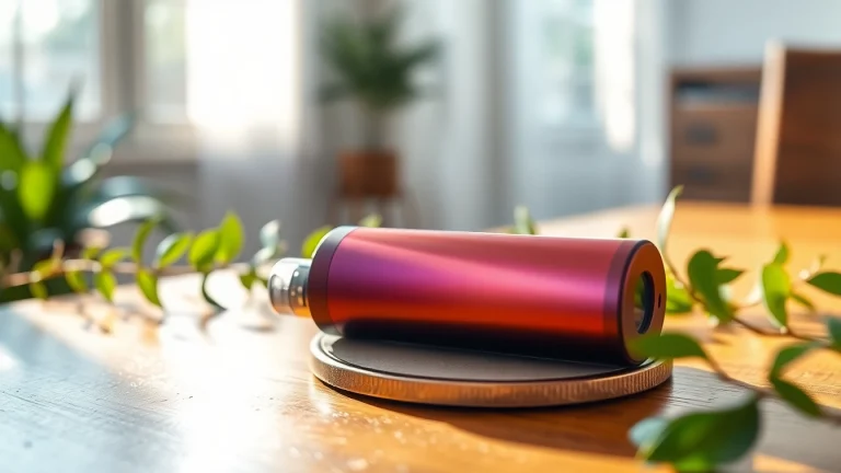 Try the innovative nicotine free disposable vape resting on a wooden table with lush green plants.