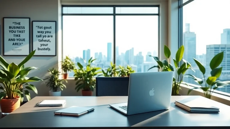 Read motivating business quotes in a professional workspace ambiance.