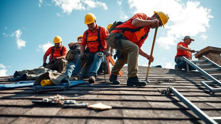Emergency roof repair Texas crew inspecting storm damage with tools and urgency.