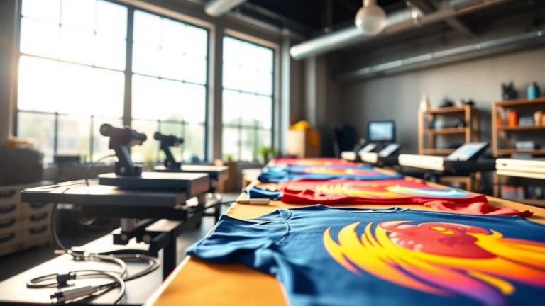 Custom t shirt printing edmonton process in a modern workshop with vibrant designs.