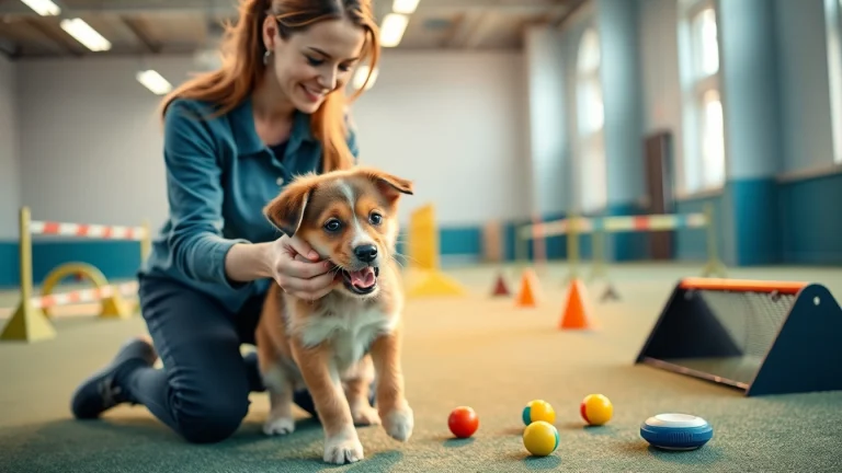 Dog Training Irvine: A trainer guiding a puppy with positive reinforcement techniques in a vibrant training setting.