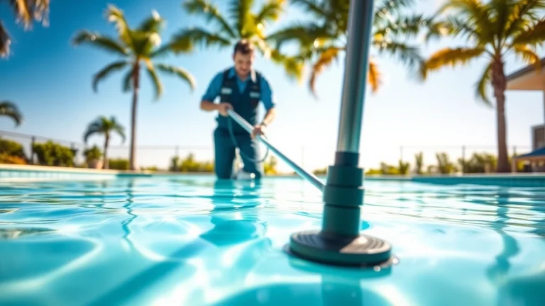 Efficient swimming pool service Pinellas County in action, highlighting a technician cleaning a residential pool.