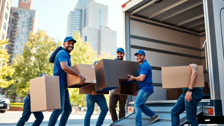 Queens movers expertly loading furniture onto a truck, showcasing efficiency and teamwork in an urban setting.