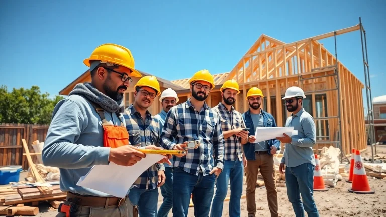 Austin construction professionals collaborating actively on a residential project with tools and equipment.