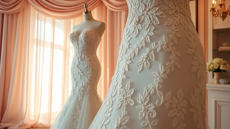 Elegant mermaid wedding dresses showcasing intricate lace details in a bridal boutique setting.