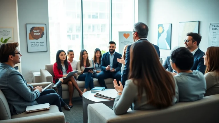 Engaging business coaching service session with diverse entrepreneurs in a modern setting.