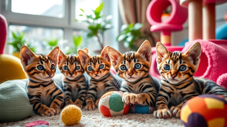 Playful Bengal Kittens for Sale in a colorful living room setting, showcasing their unique patterns.