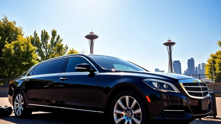 Experience the finest Car Service to Seattle from Vancouver, featuring a luxurious limousine at the scenic border.