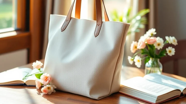 Showcasing a durable tote bag featuring floral decorations and a minimalist design.