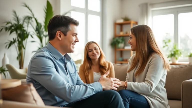 Engaging relationship coach guiding a couple in a warm, inviting office.