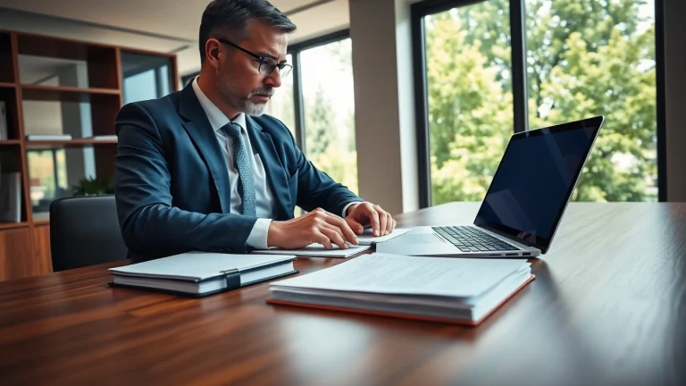 Professional environmental lawyer reviewing important documents in a modern office.