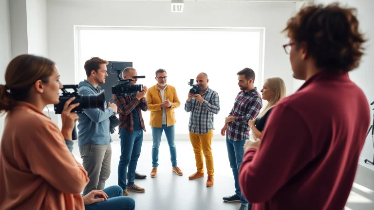 Engaging video production team discussing 영상제작 concepts in a bright, modern studio setting.