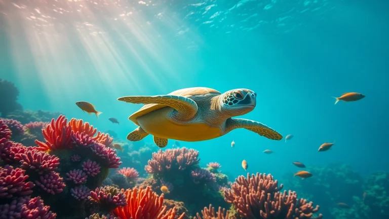 Snorkel with turtles in vibrant underwater habitat featuring a green sea turtle.
