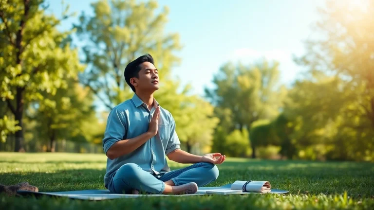 Engaging in mindfulness techniques for dealing with stress amidst a tranquil outdoor setting.