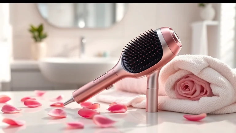 Stylish Hair Dryer Brush 7 in 1 showcased elegantly on a vanity with rose petals and a soft towel.