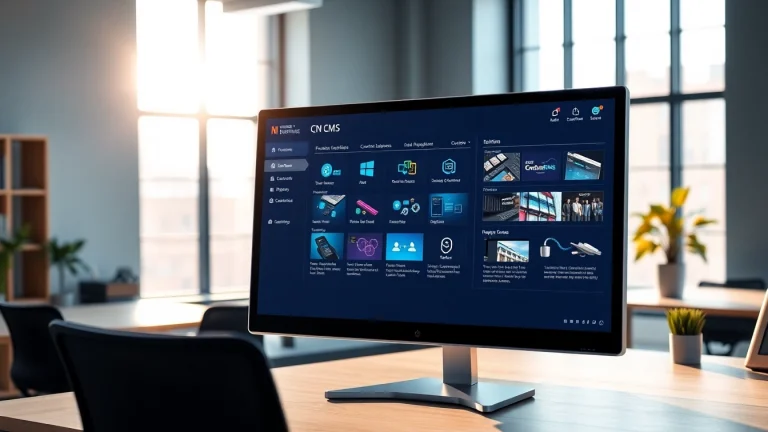Engaging digital signage CMS interface showcasing efficient content management in a sleek office environment.