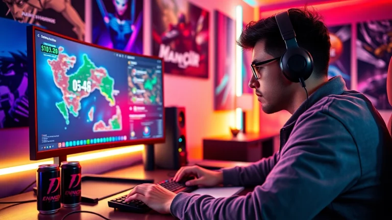 Gamer strategizing with dma cheats displayed on a monitor in a high-tech gaming environment.