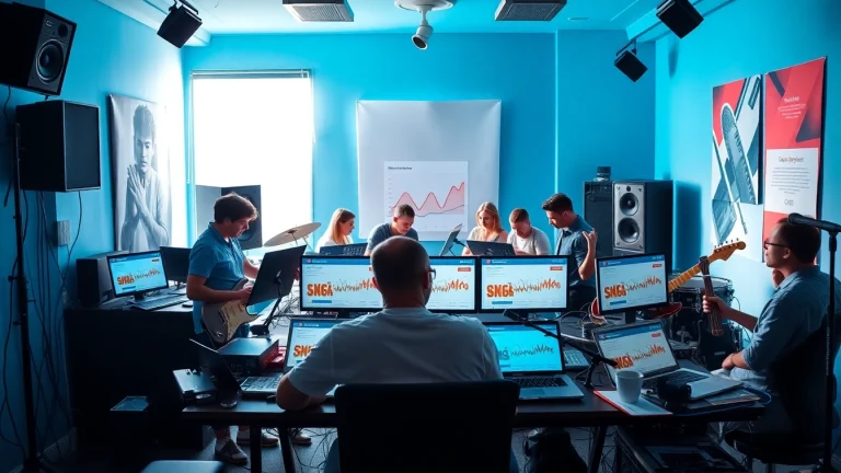 Promoting music promotion services with musicians collaborating in a vibrant studio environment.
