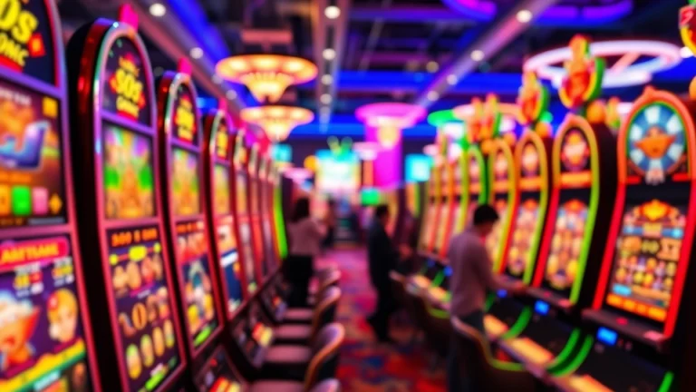 Experience thrilling pgslot gaming with colorful slot machines and lively casino backdrop.