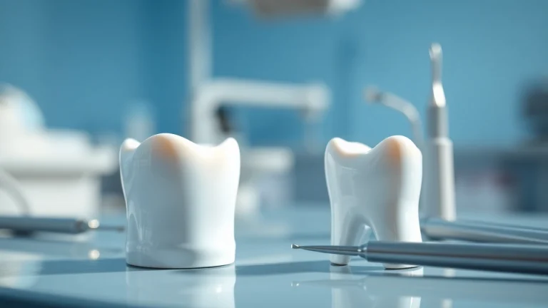 Dental crowns in a dental office, showcasing a porcelain crown and dental tools for restoration.