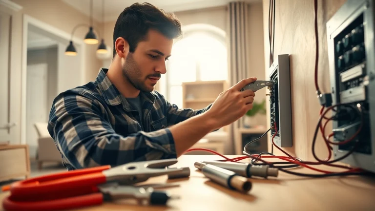 Electrician expertly installing wiring in a modern home, showcasing dedication and craftsmanship.