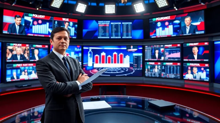 Political analyst discussing current politics in a modern studio filled with news graphics.