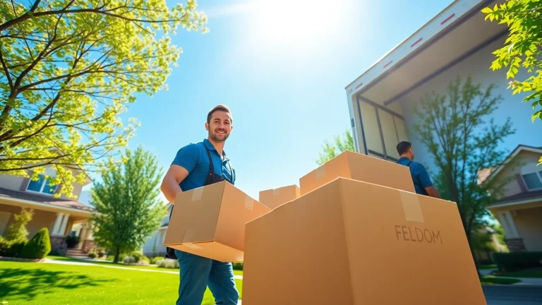 Movers in Colorado loading moving truck with boxes in a sunny outdoor setting.