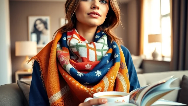 A fashionable woman showcasing vibrant vela scarves in a stylish indoor setting.