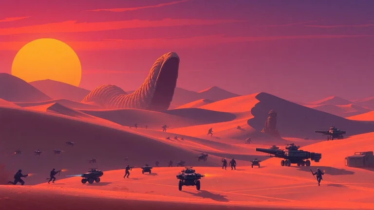 Engaging action scene from the dune 2 game, showcasing futuristic combat in a dramatic desert landscape.