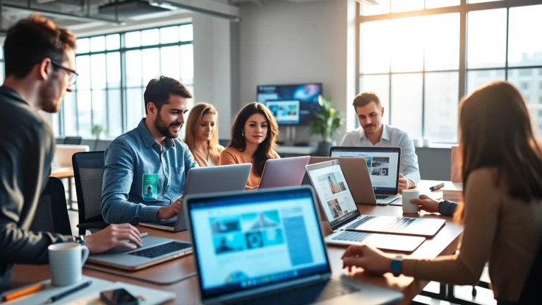 WordPress Agentur team working collaboratively in a bright office atmosphere.