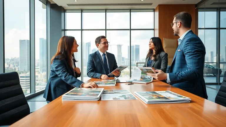 Engaging discussion about International property for sale in a modern real estate office.