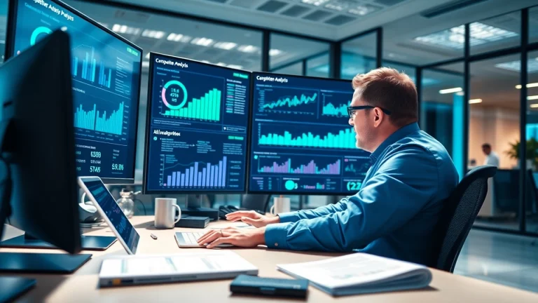 Engaged analyst utilizing AI for competitor analysis metrics in a modern office setup.