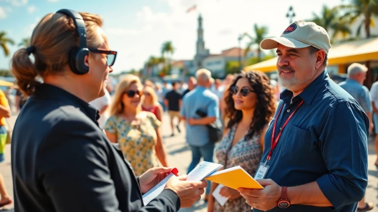 Capture the essence of Fort Myers news through a journalist interviewing locals amidst vibrant scenery.