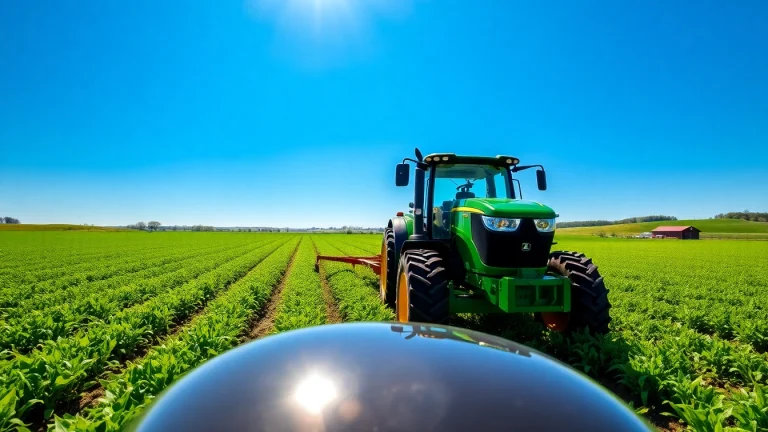 John Deere Traktor pflügt ein lebendiges Feld mit schönen Landschaftsdetails.