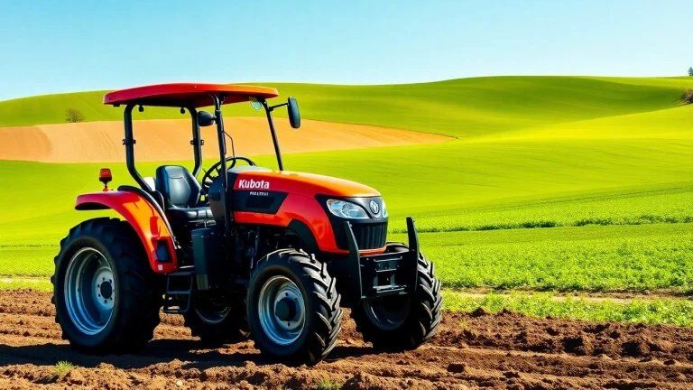 Kuboata Traktor in einem landwirtschaftlichen Umfeld mit fruchtbarem Boden und leuchtenden Farben.