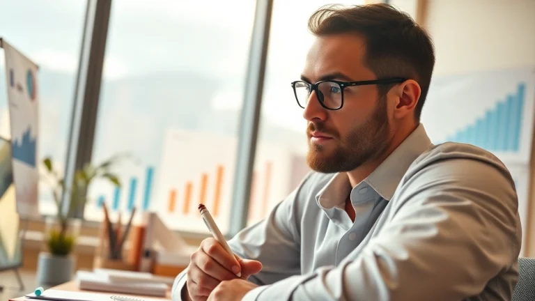 Aspiring entrepreneur developing a recession proof business strategy in a bright office setting.