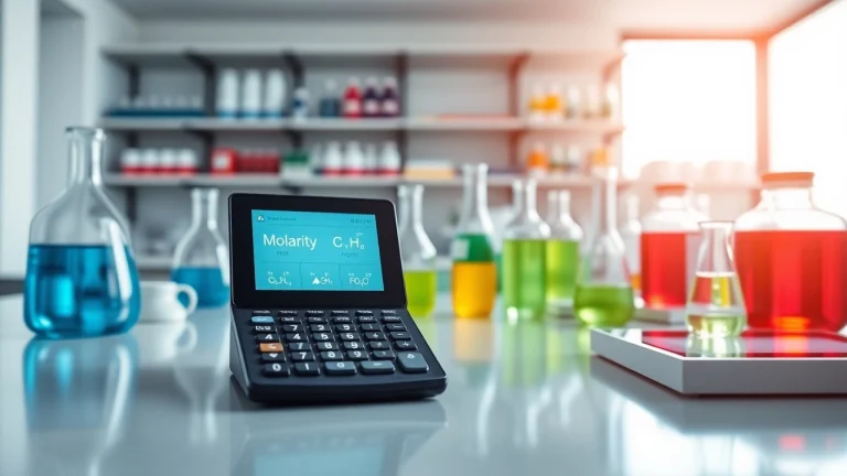 Calculate using the Molarity Calculator in a professional laboratory setting with glassware and tablets.