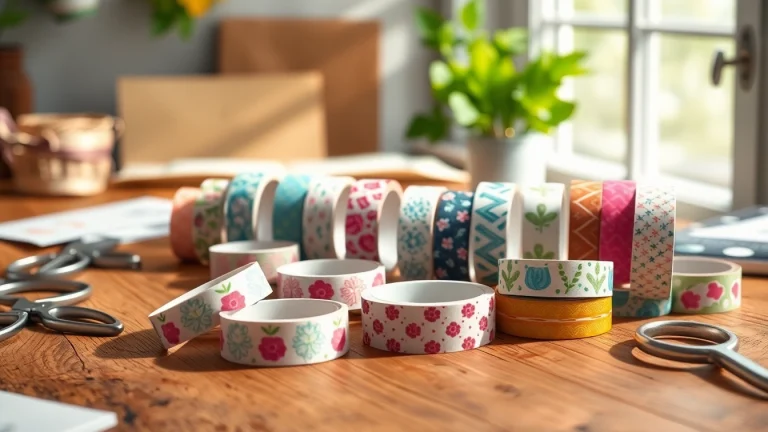 Custom washi tape rolls with unique designs displayed on a rustic wooden table, inviting creativity.