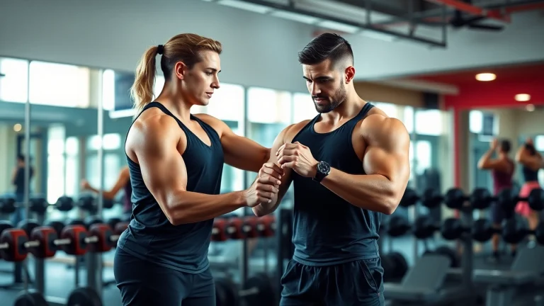 Engaging personal trainer tunbridge wells helping a client with fitness exercises in a bright gym.
