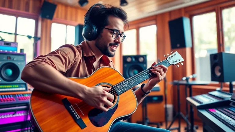 Engaging musician illustrating music pitching in a colorful recording studio setting.