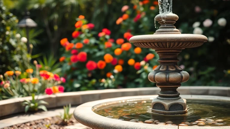 Gartenbrunnen in einer ruhigen Gartenlandschaft mitfüllenden Pflanzen und Blumen.