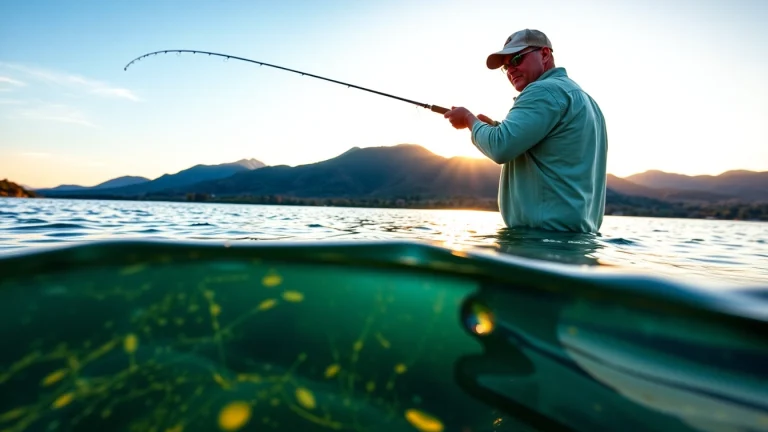 Angler enjoying fly fishing for bass in a tranquil lake setting.