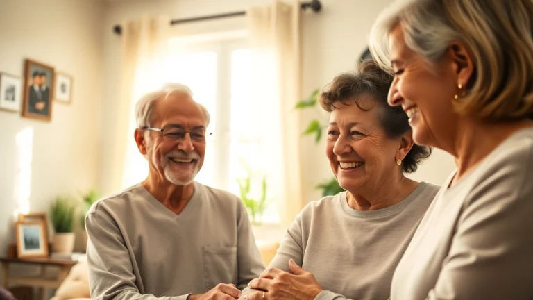 Senior caregivers austin tx engaged in a caring conversation with an elderly couple in a bright home.
