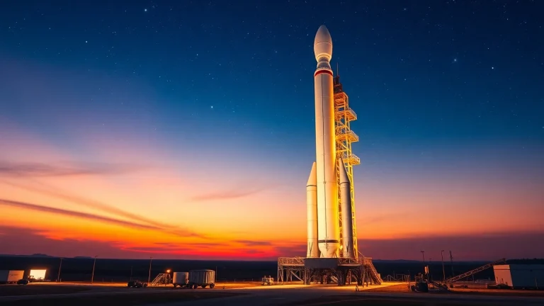 Launch pad of revenuerocketlab showcasing a rocket ready for takeoff against a cosmic backdrop.