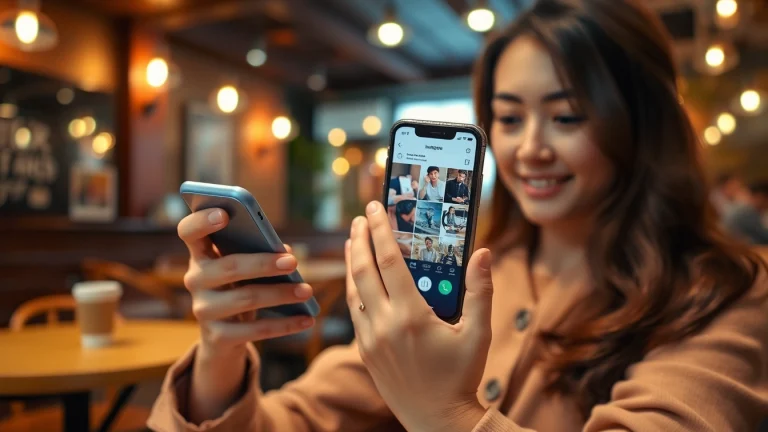 View Instagram stories on a smartphone held by a user in a cozy café setting.