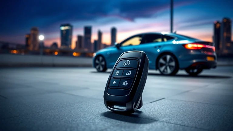 Showcase of a smart key fob for electric cars paired with a modern vehicle in a cityscape.