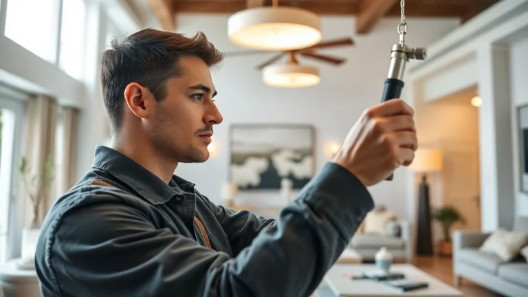 Electrician expertly installing lighting fixtures in a modern home environment